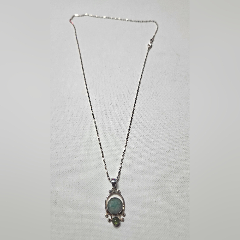 925 Sterling Silver Aquamarine And Peridot Pendent W/ Sterling Silver